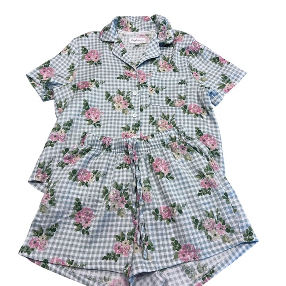 Daydream Berkshire Home Pajama Set Blue Gingham Pink Floral Shorts Top Small - Picture 2 of 12